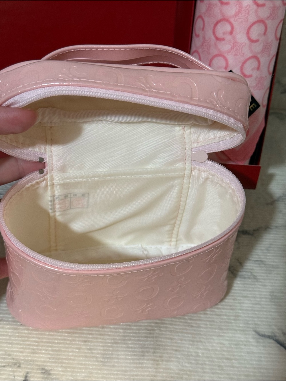 Celine Light Pink Embossed Vanity Cosmetic Case & Cotton Scarf Set - Picture 9 of 11